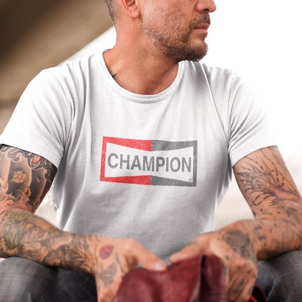 CHAMPION Retro Style Tshirt, As Seen on Brad Pitt, Cliff Booth, Distressed Print, Ideal gift. F1 Gift