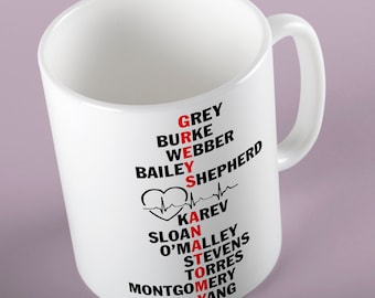 Greys Anatomy Names Gift Mug with FREE Vinyl Sticker, Greys Gift, Ideal gift for and Grey's Anatomy Fan