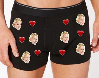 Funny Mens Underwear - Black Boxer Shorts With Your Face / Hearts Printed On Them. Black Cotton - Valentines Gift, FREE DELIVERY
