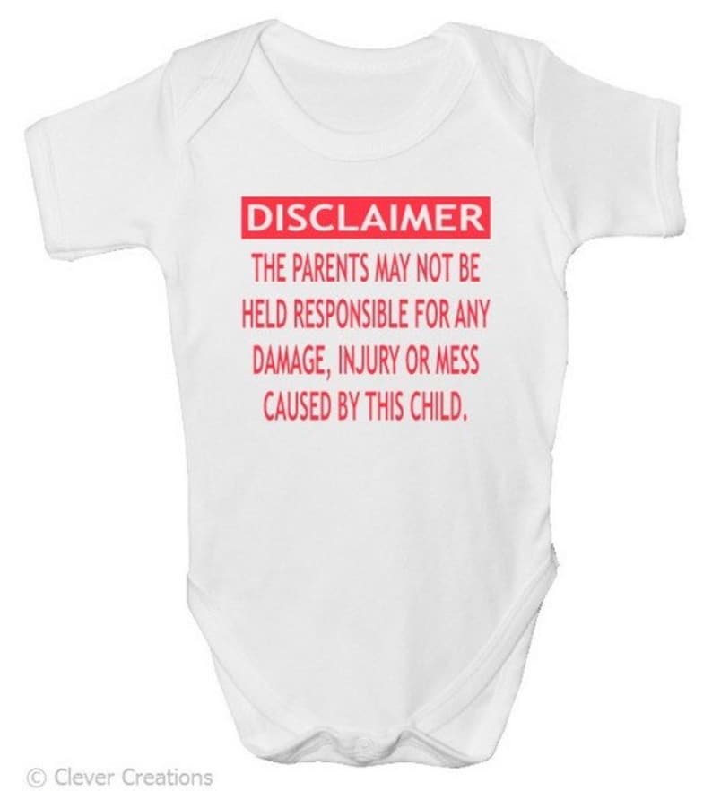 Funny Baby Grow 'DISCLAIMER' with free P&P Made from 100% Soft Natural Cotton. image 1