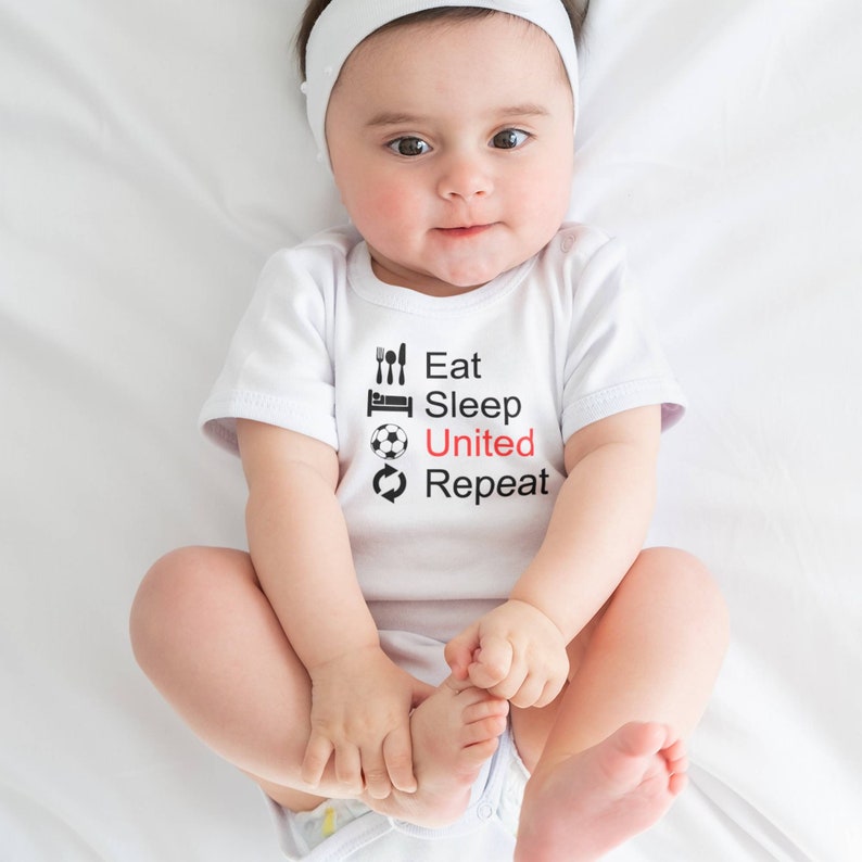 Manchester United Funny Baby Grow with FREE P&P Eat Sleep United Repeat, Made from 100% Soft Cotton. image 7