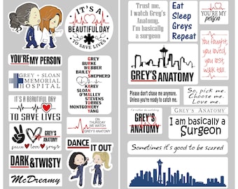 Greys Anatomy Sticker Pack, Greys Gift, 23 Vinyl Stickers, Ideal gift for and Grey's Anatomy Fan.