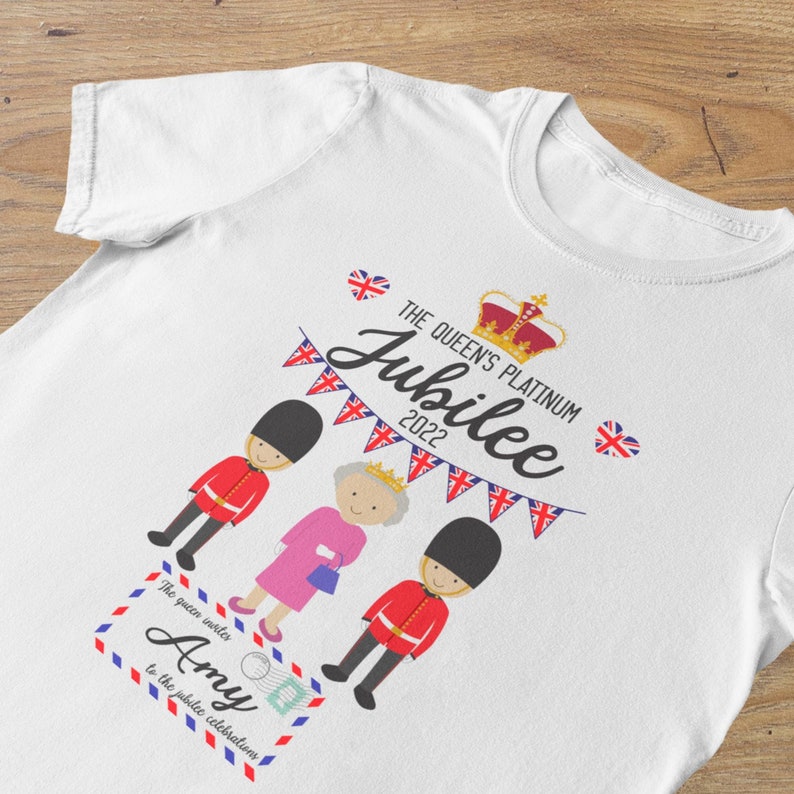 Personalised Platinum Jubilee Party T-shirt 100% Cotton, Personalsied with ANY name, Free Jubilee Vinyl Stickers 