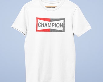 CHAMPION Retro Style Tshirt As Seen on Brad Pitt Cliff Booth Distressed Print Ideal gift. F1 Gift