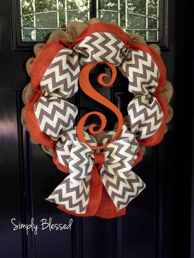 Chevron Burlap Wreath for front door or accent White and Natural Orange Fall Summer Gray