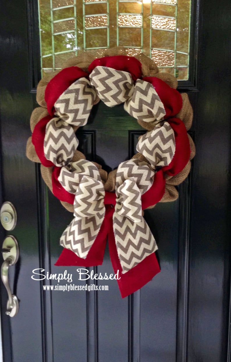 Chevron Burlap Wreath for front door or accent Gray and Natural Red Summer White All Year Fall Winter