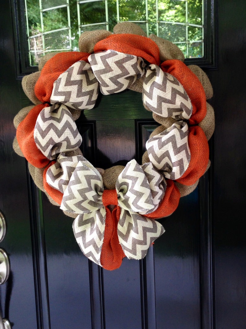 Chevron Burlap Wreath for front door or accent White and Natural Orange Fall Summer Gray