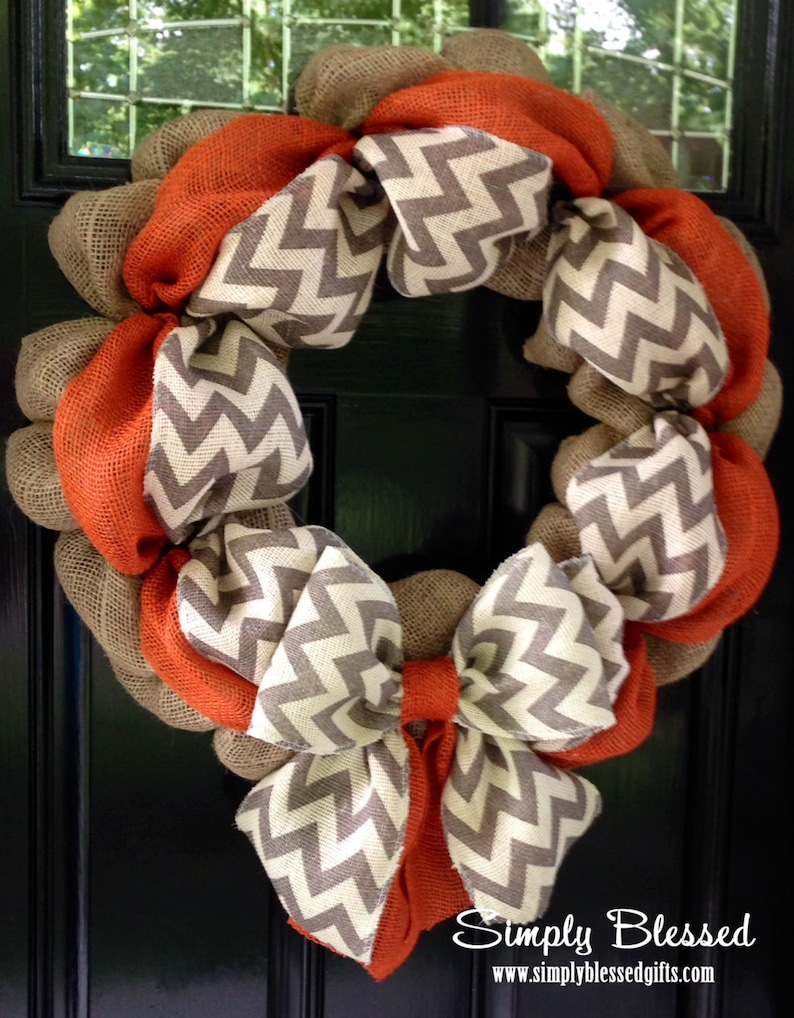 Chevron Burlap Wreath for front door or accent White and Natural Orange Fall Summer Gray