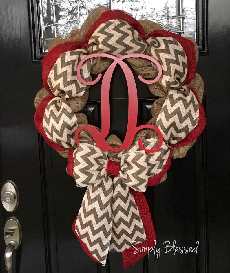 Chevron Burlap Wreath for front door or accent Gray and Natural Red Summer White All Year Fall Winter