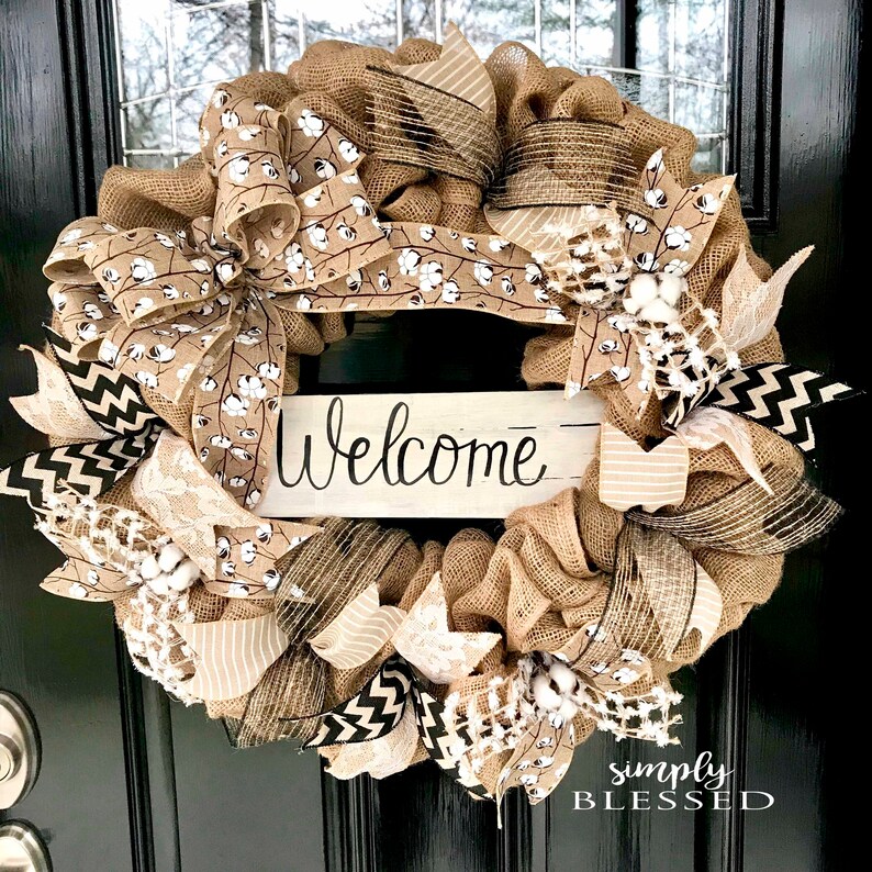 Farmhouse Cotton Welcome Burlap Wreath