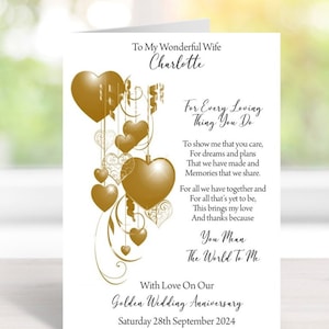 Carte de voeux d'anniversaire faite main et personnalisée - format A5 - carte d'anniversaire des 50 ans (doré) pour femme/mari (A550)