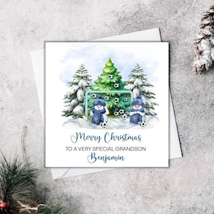 Carte de voeux de Noël - faite main et personnalisée - 6" carré - thème football arbre de Noël - fils, petit-fils, frère, etc. (XM22)