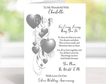 25th (Silver) Anniversary Card - Handmade and Personalised - A5 Size - For Wife/Husband (A525)
