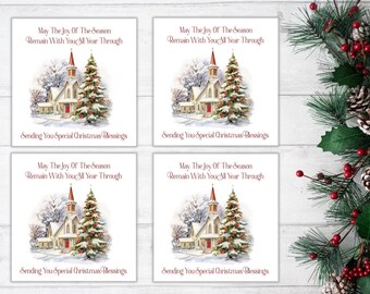 PACK of FOUR Christmas Cards With Matching Envelopes -  6" Square – Lovely Christmassy Church Design! (C12)
