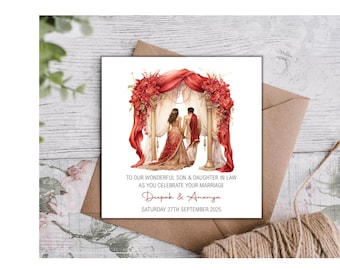 WEDDING CONGRATULATIONS CARD – Handmade & Personalised – 6” Square (148mm x 148mm) – Any Relation – With Envelope - Indian Theme - (C024)