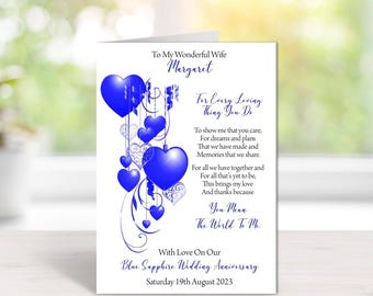 65th (Blue Sapphire) Anniversary Card - Handmade and Personalised - A5 Size - To Husband or Wife (AN65)  .