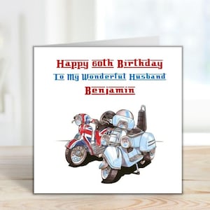 CARTE DE VUX D'ANNIVERSAIRE faite main et personnalisée - 6" carré - thème de la trottinette Lambretta Mod - tout âge - mari petit ami tous destinataires (C865)