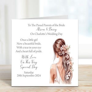 Carte personnalisée faite main de 15 cm (6 po.) pour les parents de la mariée le jour du mariage de sa fille - Cheveux bruns (C0001)