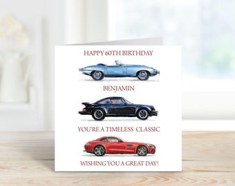 BIRTHDAY GREETING CARD Handmade & Personalised - 6" Square - Classic Cars Theme - Any Age (C916)