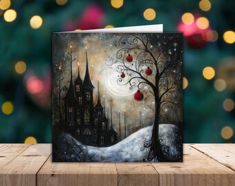 Christmas Greeting Card 6" Square (148mm X 148mm) Blank Card Whimsical Goth Scene Design (BK70)