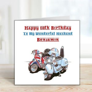 CARTE DE VUX D'ANNIVERSAIRE faite main et personnalisée - 6" carré - thème de la trottinette Lambretta Mod - tout âge - mari petit ami tous destinataires (C865)