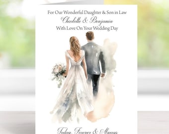 May include: A watercolor illustration of a bride and groom walking away from the viewer. The text reads "For Our Wonderful Daughter & Son in Law Charlotte & Benjamin With Love On Your Wedding Day Today. Forever & Always Saturday 27th September 2025".