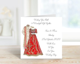 WEDDING CONGRATULATIONS CARD – Handmade & Personalised – 6” Square Size (148mm x 148mm) – With Matching Envelope  Indian Wedding (C015) **