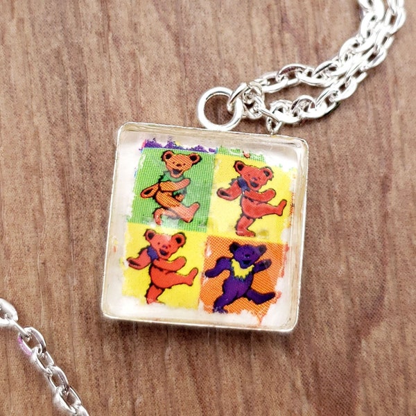 Small Teddy Bear Blotter Art Necklace Psychedelic Trippy Fractal Colorful Rave Jewelry Festival Jewelry Rainbow