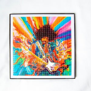 Jimi Hendrix Framed Blotter Art 8 x 8  Shredding Guitar Psychedelic 60s 70s Retro Groovy Maximalist Colorful Fractal Wall Art Desk