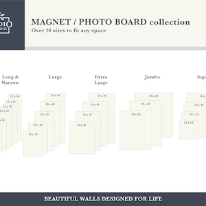 Puede incluir: Un gr&aacute;fico que muestra diferentes tama&ntilde;os de tableros de fotos magn&eacute;ticos, que van desde 30x46 cm hasta 91x102 cm. El gr&aacute;fico est&aacute; etiquetado con las categor&iacute;as "Long & Narrow", "Large", "Extra Large", "Jumbo" y "Square". El texto "MAGNET/PHOTO BOARD collection" y "Over 20 sizes to fit any space" est&aacute; en la parte superior del gr&aacute;fico. El texto "BEAUTIFUL WALLS DESIGNED FOR LIFE" est&aacute; en la parte inferior del gr&aacute;fico.