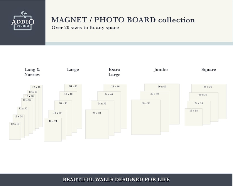 Puede incluir: Un gr&aacute;fico que muestra diferentes tama&ntilde;os de tableros de fotos magn&eacute;ticos, que van desde 30x46 cm hasta 91x102 cm. El gr&aacute;fico est&aacute; etiquetado con las categor&iacute;as "Long & Narrow", "Large", "Extra Large", "Jumbo" y "Square". El texto "MAGNET/PHOTO BOARD collection" y "Over 20 sizes to fit any space" est&aacute; en la parte superior del gr&aacute;fico. El texto "BEAUTIFUL WALLS DESIGNED FOR LIFE" est&aacute; en la parte inferior del gr&aacute;fico.