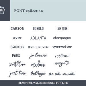 Puede incluir: Una colecci&oacute;n de fuentes mostradas en una cuadr&iacute;cula con el texto "ADDIO STUDIO" y "FONT collection" en la parte superior. Las fuentes se muestran en una variedad de estilos, incluyendo serif, sans serif y script. El texto "BEAUTIFUL WALLS DESIGNED FOR LIFE" est&aacute; en la parte inferior de la imagen.