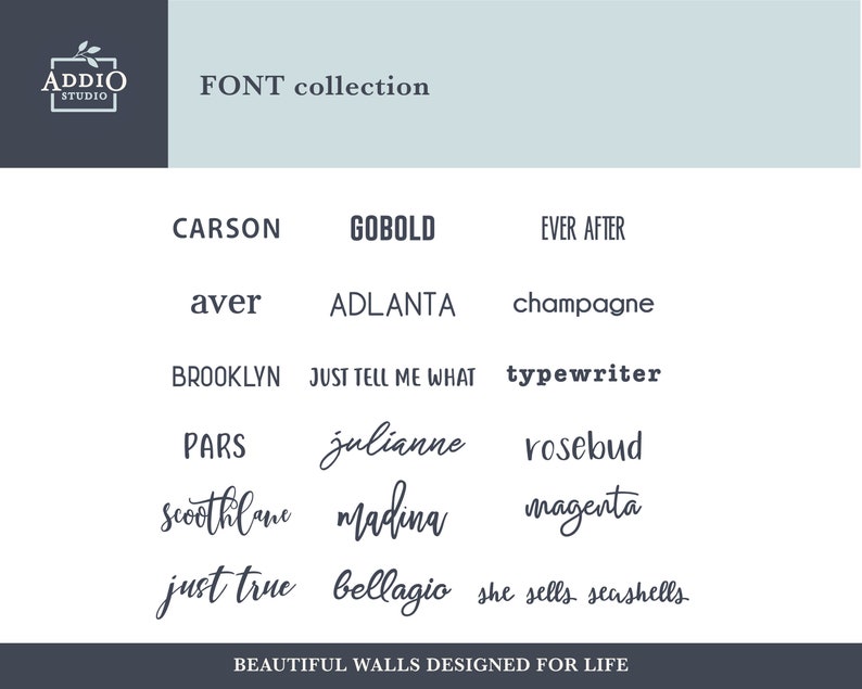 Puede incluir: Una colecci&oacute;n de fuentes mostradas en una cuadr&iacute;cula con el texto "ADDIO STUDIO" y "FONT collection" en la parte superior. Las fuentes se muestran en una variedad de estilos, incluyendo serif, sans serif y script. El texto "BEAUTIFUL WALLS DESIGNED FOR LIFE" est&aacute; en la parte inferior de la imagen.