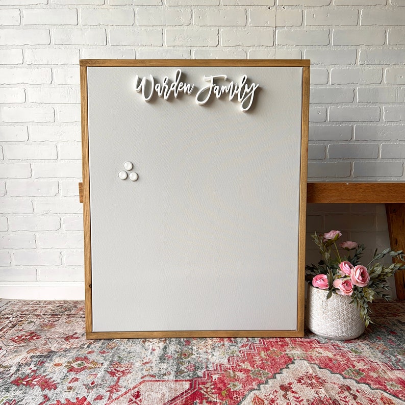 Puede incluir: Un tablero de corcho blanco enmarcado con las palabras "Warden Family" en letras blancas. Hay tres chinchetas blancas en el tablero.