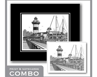Combo Harbour Town Lighthouse - Matted Limited Edition Prints & Package of 8 Matching Notecards