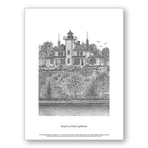 May include: A black and white pen and ink drawing of the Raspberry Island Lighthouse, located in Lake Superior, Michigan. The lighthouse is a two-story structure with a tower and a small porch. The drawing is detailed and includes the surrounding trees and water.