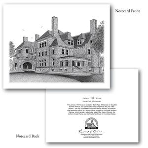 May include: Black and white pen and ink drawing of the James J. Hill House in Saint Paul, Minnesota. The house is a large, multi-story mansion with a prominent arched entrance. The drawing is detailed and includes trees and landscaping.