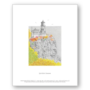 May include: A black and white pen and ink drawing of Split Rock Lighthouse on a cliff with fall foliage. The text "Split Rock Autumn" is below the image. The copyright information is below the text.