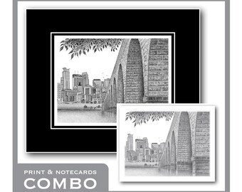 Combo Beneath the Stone Arch Bridge - Matted Limited Edition Prints & Package of 8 Matching Notecards
