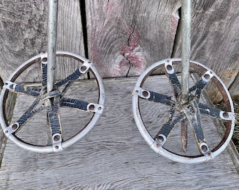 Vintage 1950's SKI POLES, Anderson & Thompson, Steel Shaft, Antique Leather Baskets 48"