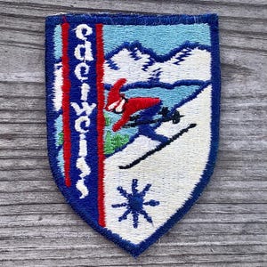 May include: A blue and red embroidered patch with a skier in a red suit skiing down a mountain. The patch has the words "Ode to Winter" embroidered on the left side and a snowflake in the bottom center.