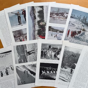 May include: A collection of vintage National Geographic Magazine pages featuring winter sports scenes. The pages display images of skiing, ice skating, and winter landscapes, with some in color and others in black and white.
