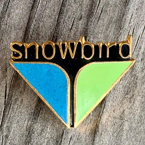 May include: A gold-colored pin with a black background and the word "Snowbird" in gold letters. The pin has a blue and green triangle shape.