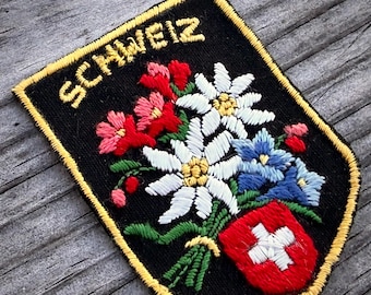 1960's SCHWEIZ Vintage Ski Patch, Switzerland Wildflowers, Matterhorn St Moritz Zermatt