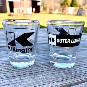 1980's KILLINGTON Outer Limits Shot Glasses, Souvenir Original Vermont, Vintage Ski Barware