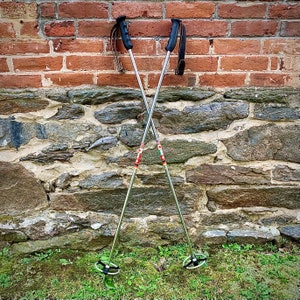 May include: A pair of silver ski poles with black handles and leather straps. The poles are crossed and leaning against a stone wall.
