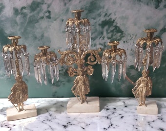 Beautiful Set of 3 Brass and Crystal Joan of Arc Girandoles