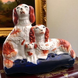 Antique Victorian Staffordshire Dogs and Puppy Inkwell