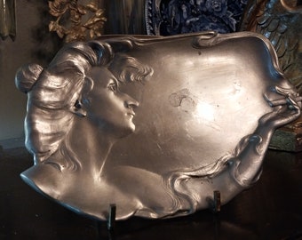 Antique Spanish Art Nouveau Card Tray Woman