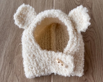All natural alpaca boucle baby balaclava hat. Size 0-3 months.